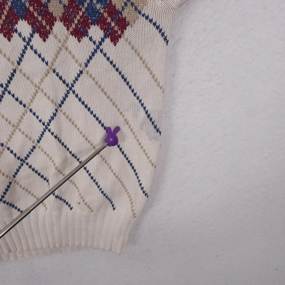 Lands End Argyle Sweater Mens M White Vintage 90s Made in USA Cotton Pullover